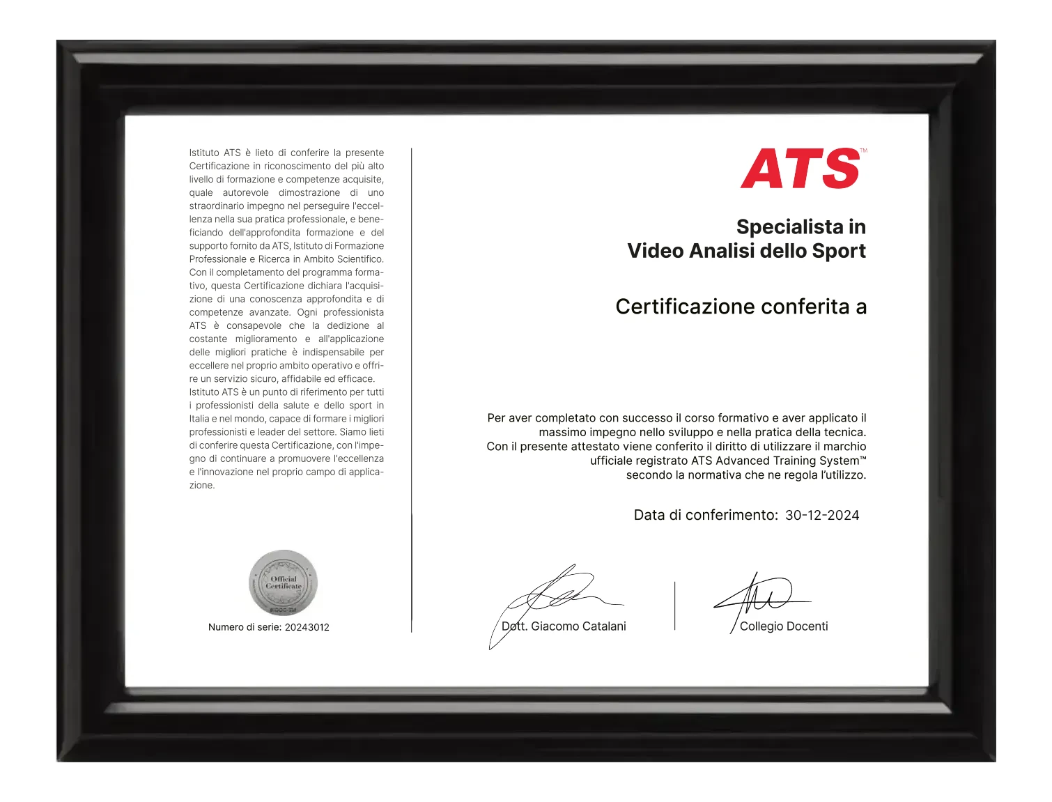 Certificazione Riconosciuta Video analisi sportiva
